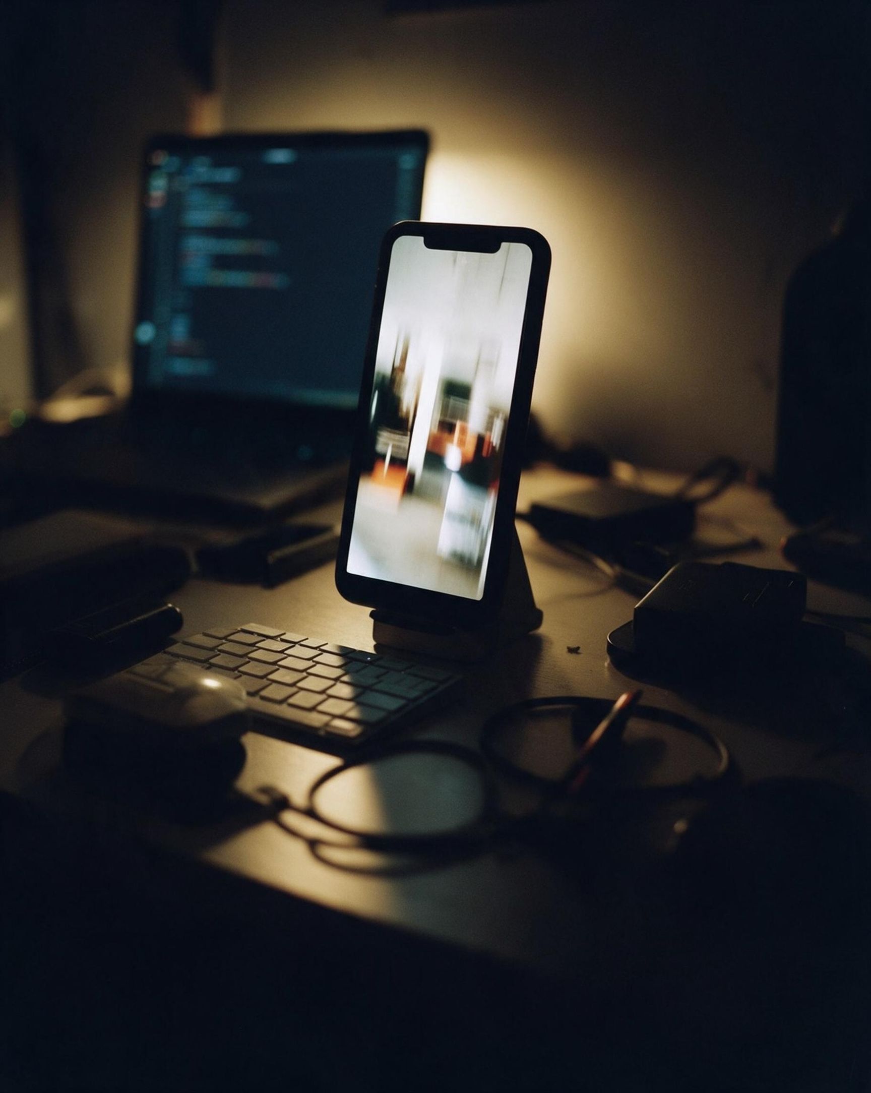 Un teléfono en un soporte mostrando un feed de vídeo, sin ninguna mano sobre él.