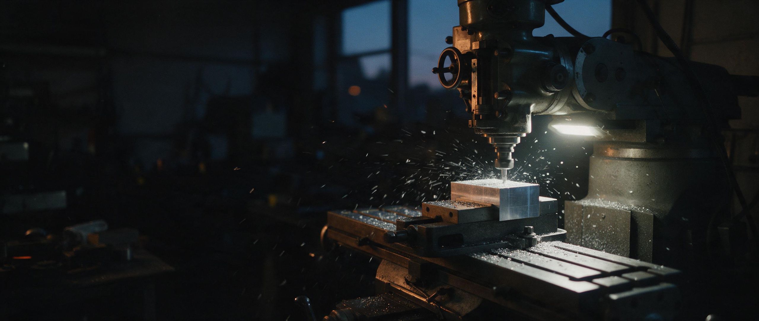A CNC mill cutting aluminium alone in a dark workshop, lit by its work light.