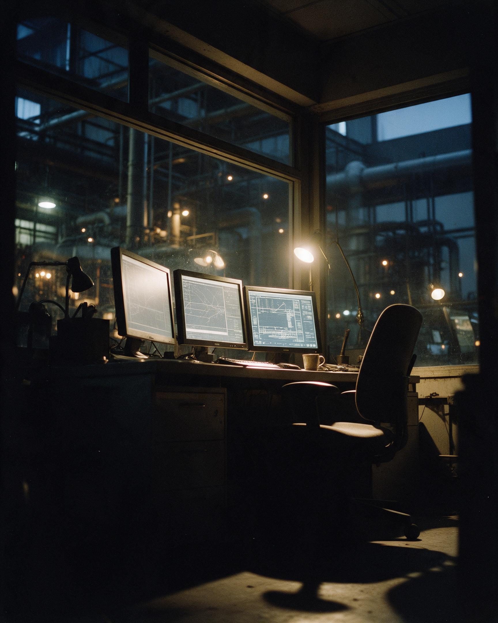 An empty control room at night, monitors glowing with graphs, the plant floor dark beyond the window.
