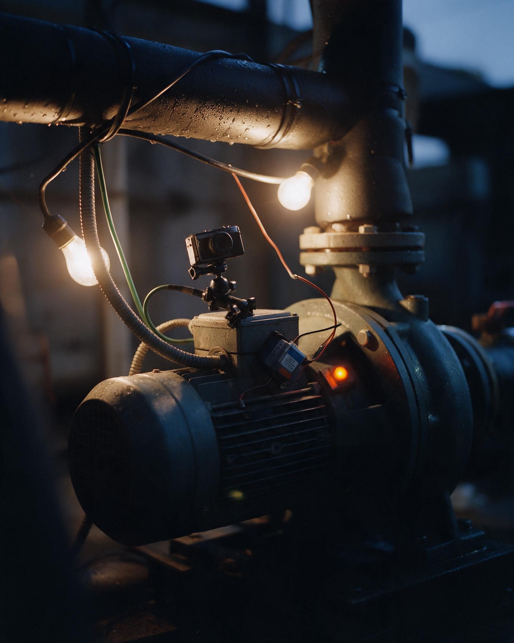 A small camera and a sensor clamped to a pump motor, one orange status light glowing.