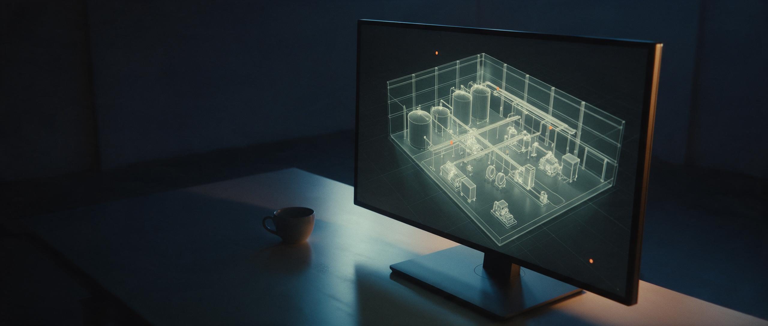 A monitor in a dark room glowing with a wireframe of an industrial hall, a few points marked in orange.