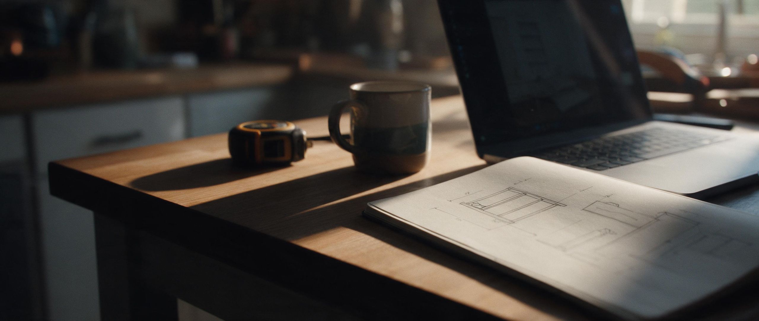 A laptop and a notebook with shelf sketches on a kitchen table in the morning.