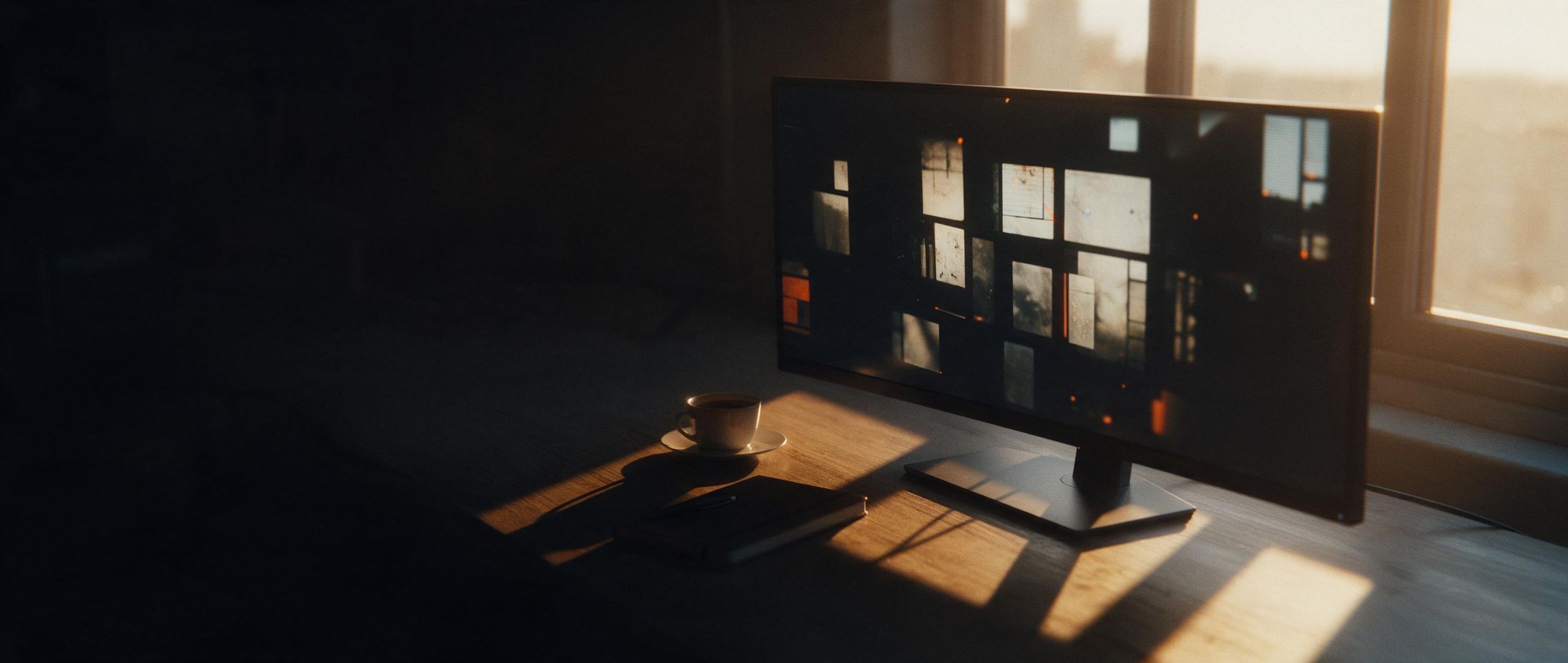 A monitor on a desk in late-afternoon light.