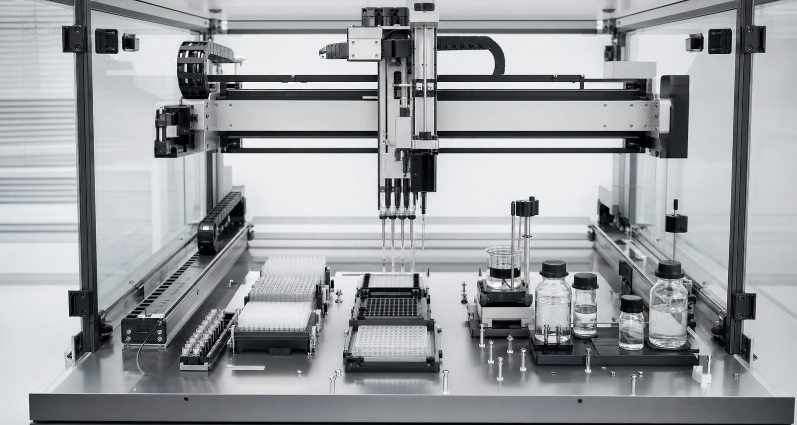 Pórtico cartesiano cerrado automatizando pipetas, microplacas, frascos y estaciones de mezcla en vaso