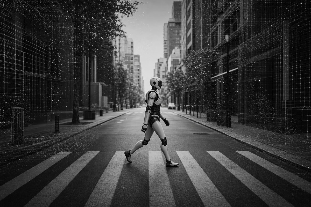 La misma calle como simulación, con un robot humanoide caminando por ella y una malla de alambre visible en los bordes.