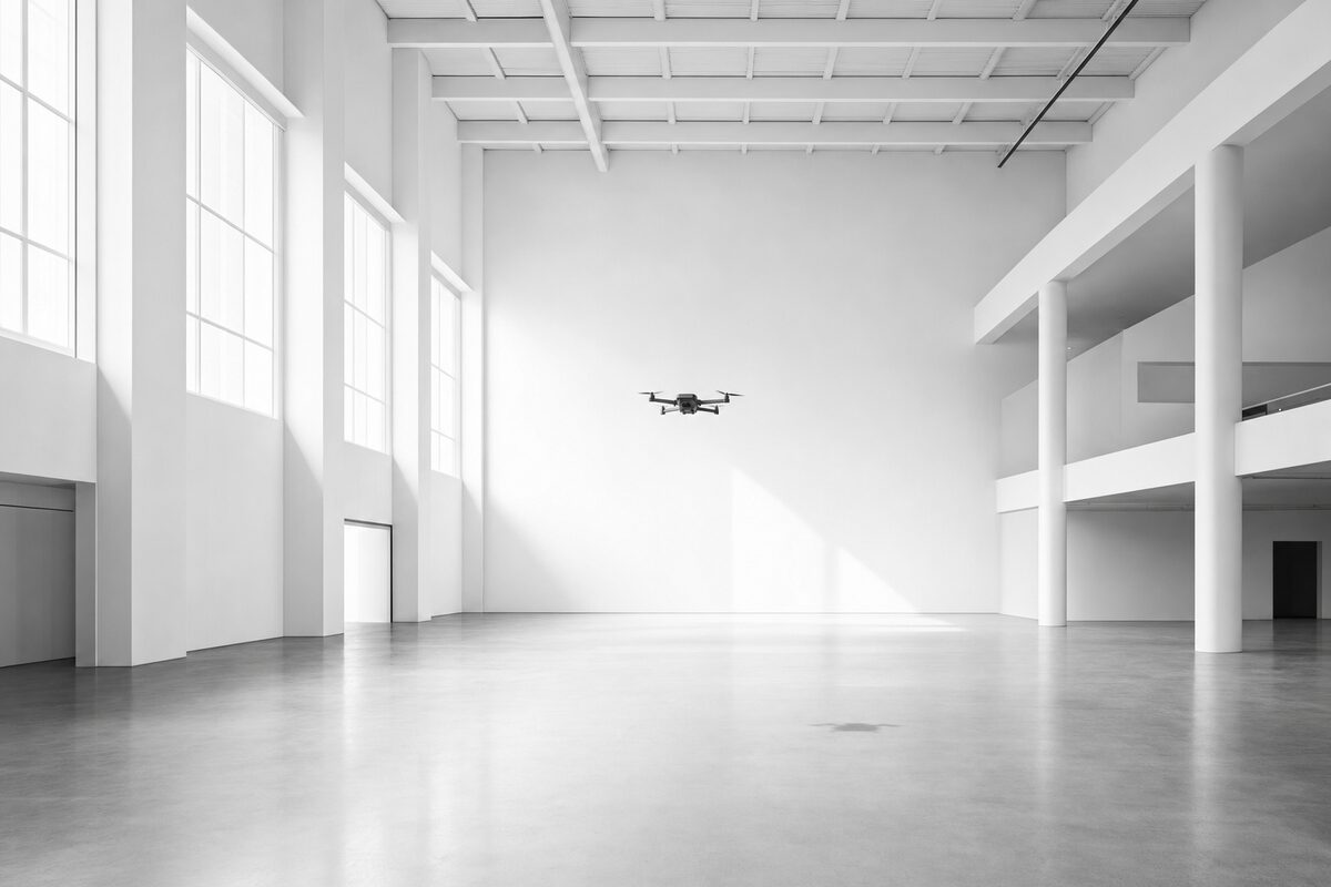 Un solo dron mapeando el interior amplio y vacío de una bodega.