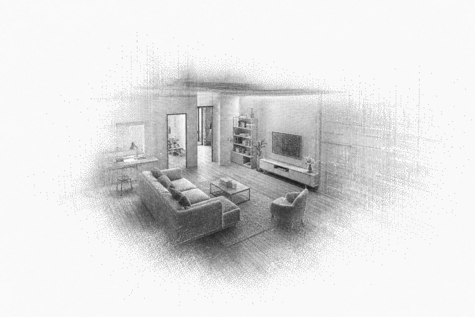 Una nube de puntos LiDAR densa que resuelve la geometría de una habitación interior a partir de miles de puntos finos.
